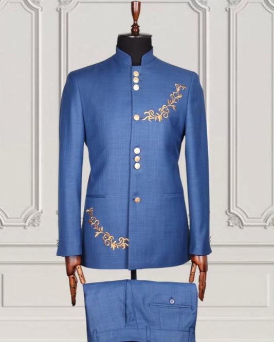 Newest Blue Slim Fit Gold Appliques Prom Suits