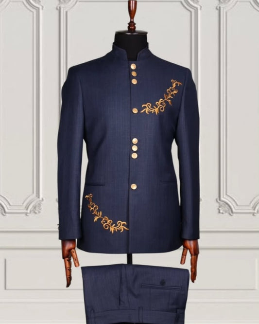 Bespoke Dark Navy Prom Suits With Gold Appliques