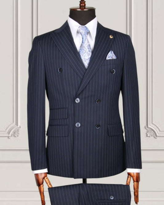 Modern Dark Navy Pinstriped Double Breasted Business Men Suits