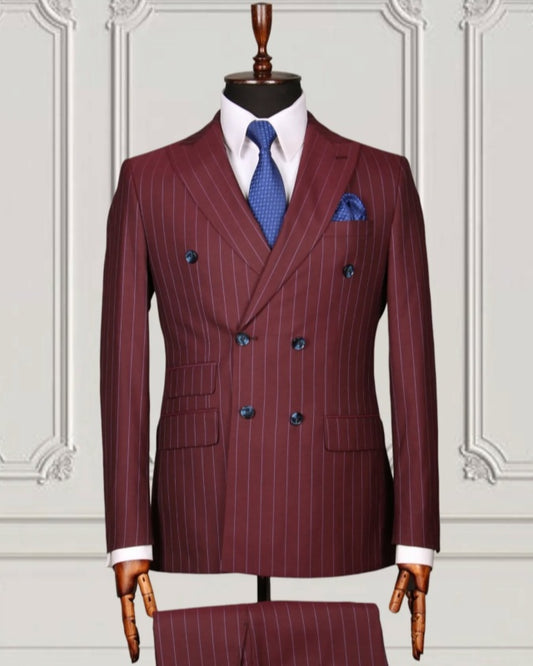 Chic Burgundy Double Breasted Pinstriped Business Suits