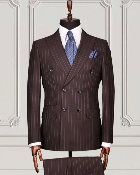 Classic Dark Brown Double Breasted Pinstriped Business Suits
