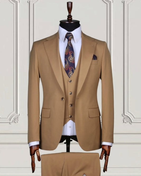 Trendy Khaki Notched Lapel 3 Pieces Business Suits With Waistcoat
