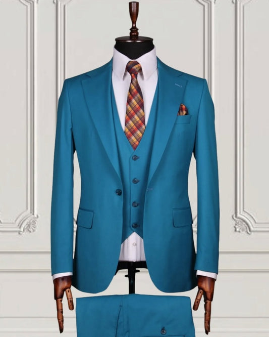 Bespoke Sky Blue 3 Pieces Prom Suits With Waistcoat