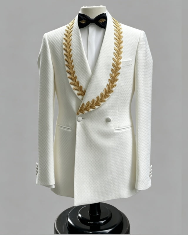 Chic White Jacquard Double Breasted Beadings Prom Men Suit