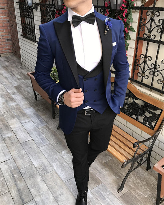 New Arrival Dark Navy Fashion Peaked Lapel Prom Men Suit