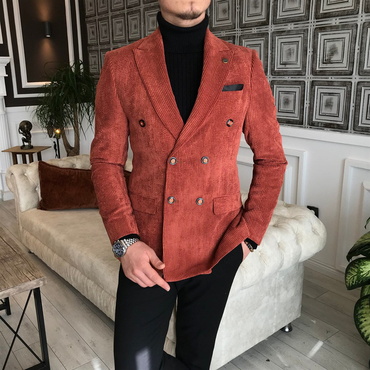 Fashion Corduroy Double Breasted Peaked Lapel Prom Men Suit