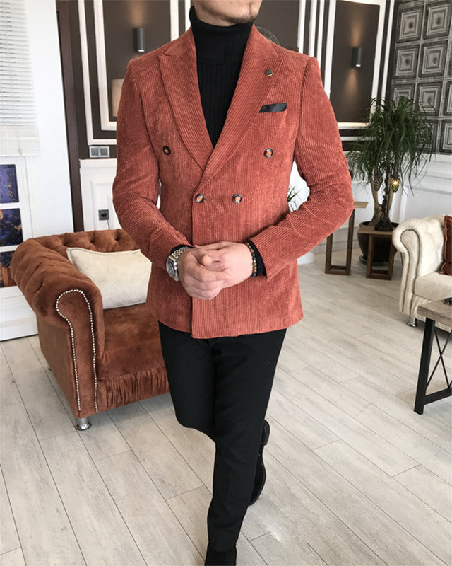 Fashion Corduroy Double Breasted Peaked Lapel Prom Men Suit