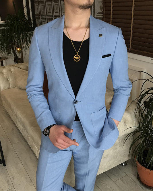 Classic Ocean Blue One Button Peaked Lapel Prom Men Suit