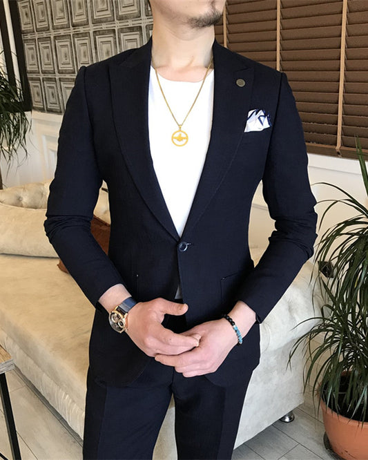 Newest Black One Button Peaked Lapel Prom Men Suit