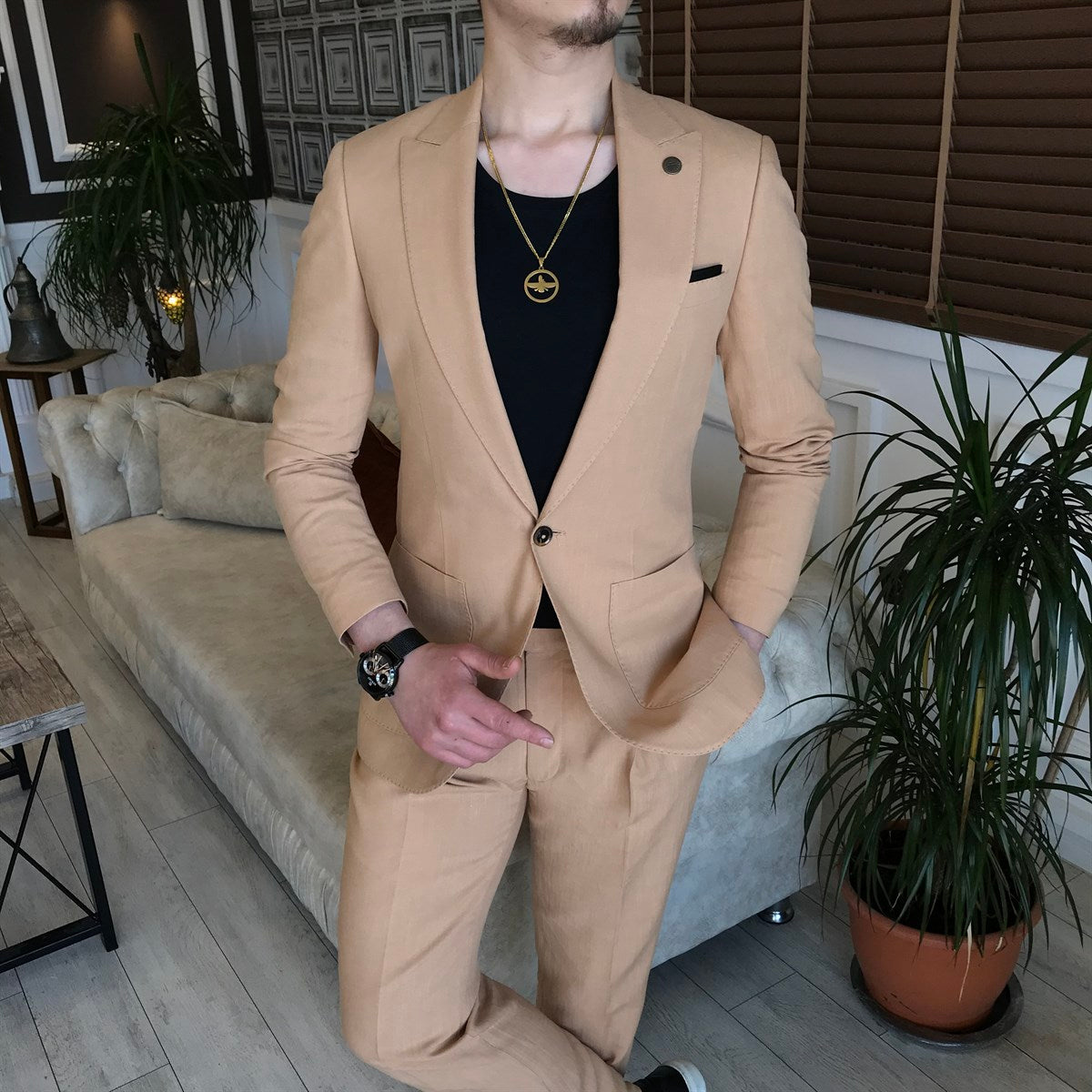 Champagne Best Fitted Bespoke Peaked Lapel Prom Men Suit