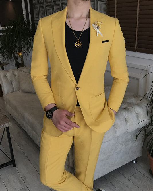 Hot Yellow Best Fitted Bespoke Peaked Lapel Prom Men Suit