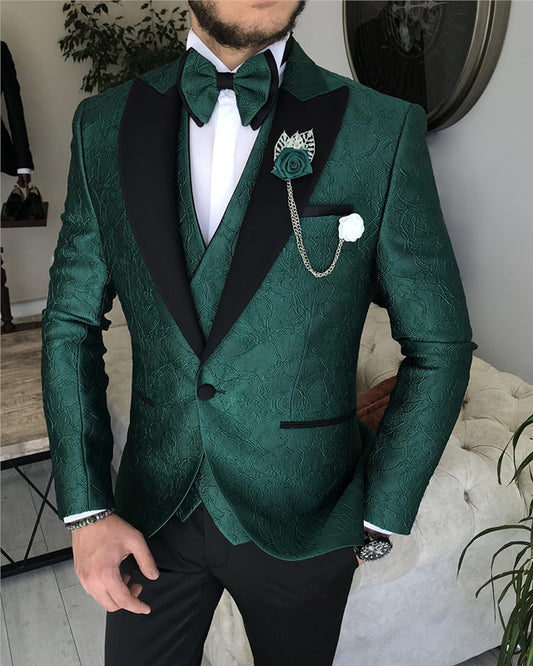 Dark Green Jacquard Three Pieces Peaked Lapel Prom Men Suit
