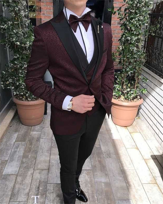 Ethan Burgundy Jacquard Three Pieces Stylish Prom Suits