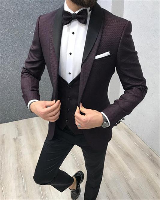 Newest Burgundy Three Pieces Shawl Lapel Prom Men Suit