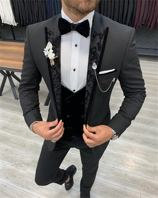 Joseph Modern Black Three Pieces Men Suit with Jacquard Lapel