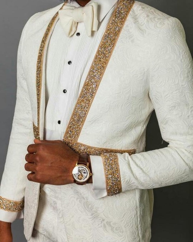 Trendy White Jacquard Shawl Lapel Wedding Suits With Webbing