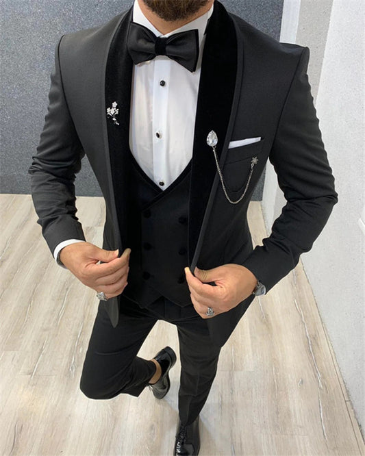 Jayden Black Three Pieces Slim Fit Wedding Men Suit with Velvet Lapel