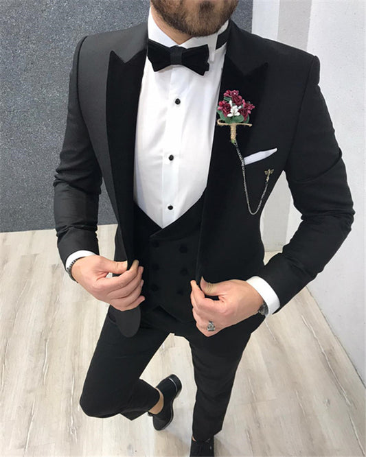 Nathan Classic Black Three Pieces Formal Business Men Suit with Velvet Lapel