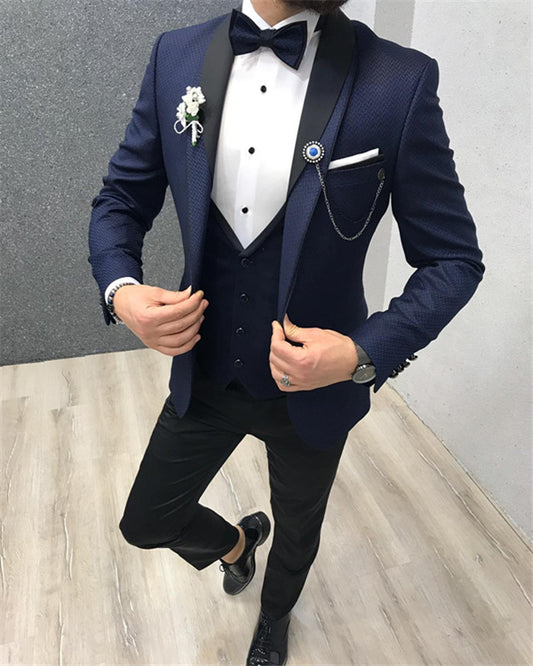 Dark Navy Newest Three Pieces Shawl Lapel Fashion Prom Men Suits