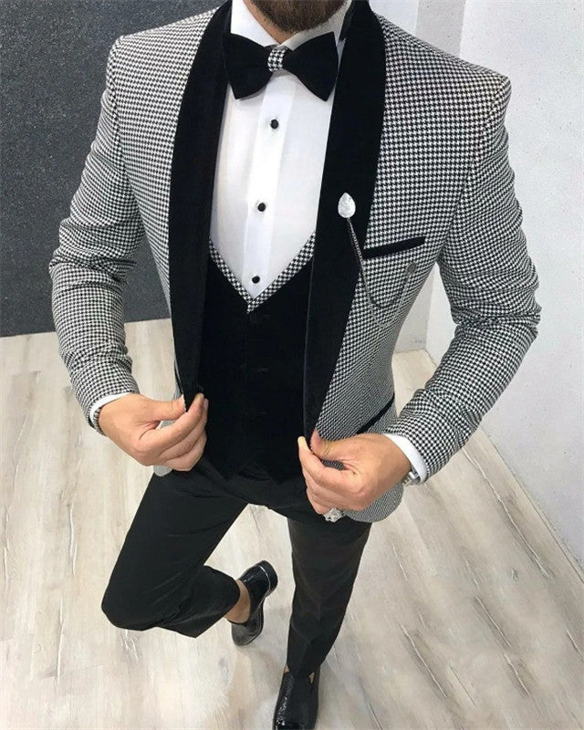 White And Black Houndstooth Three Pieces Shawl Lapel Fashion Men Suits