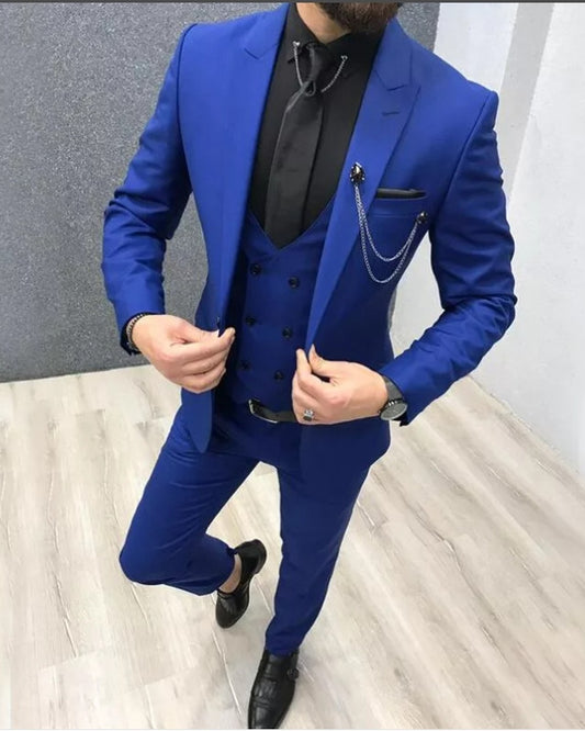 Hot Royal Blue Three Pieces Peaked Lapel Fashion Men Suits