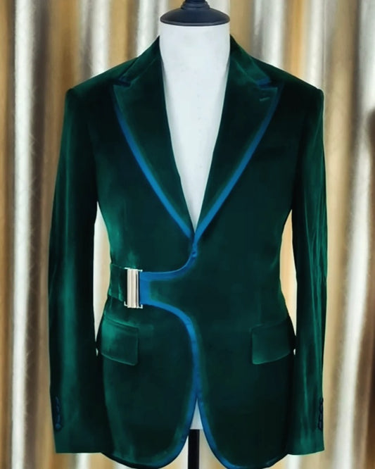 Fashion Dark Green Velvet Peaked Lapel Prom Men Suits With Belt