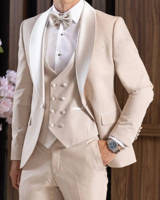 Stylish Beige 3 Pieces Shawl Lapel Wedding Men Suits