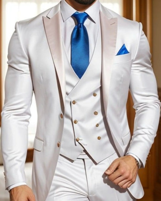 Glamorous Off-white 3 Pieces Satin Wedding Suits With Waistcoat