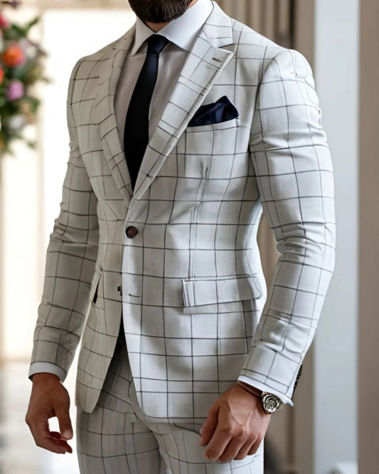 Modern Gray White Notch Lapel Plaid Close Fitting Business Suits