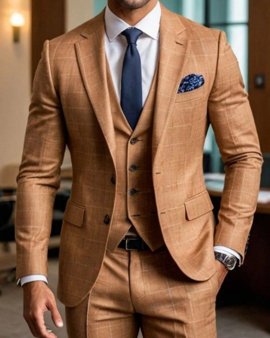 Fashion Light Brown 3 Pieces Plaid Business Suits With Waistcoat