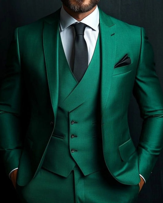 Fancy Green 3 Pieces Slim Fit Satin Prom Suits With Vest