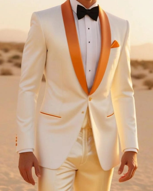 Bespoke White Satin Wedding Suits With Orange Lapel