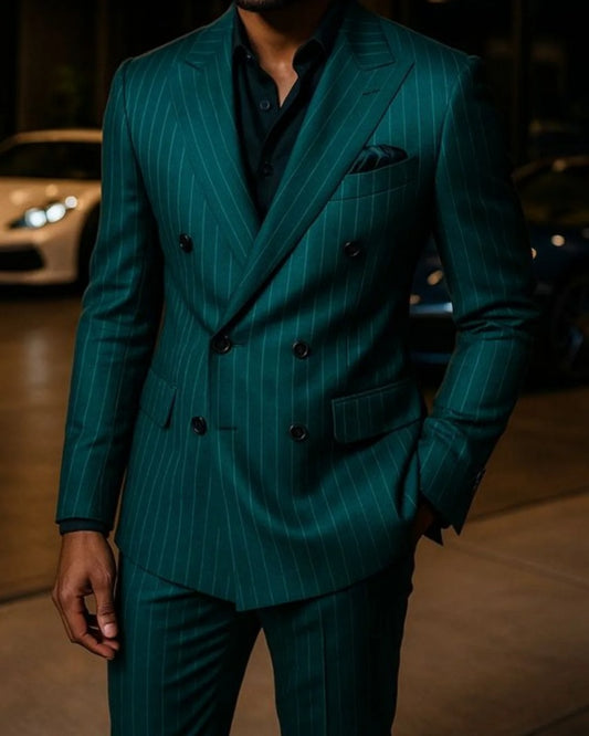Fashion Dark Green Double Breasted Pinstriped Business Suits