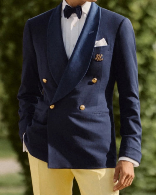Fancy Dark Navy Double Breasted Shawl Lapel Wedding Suits