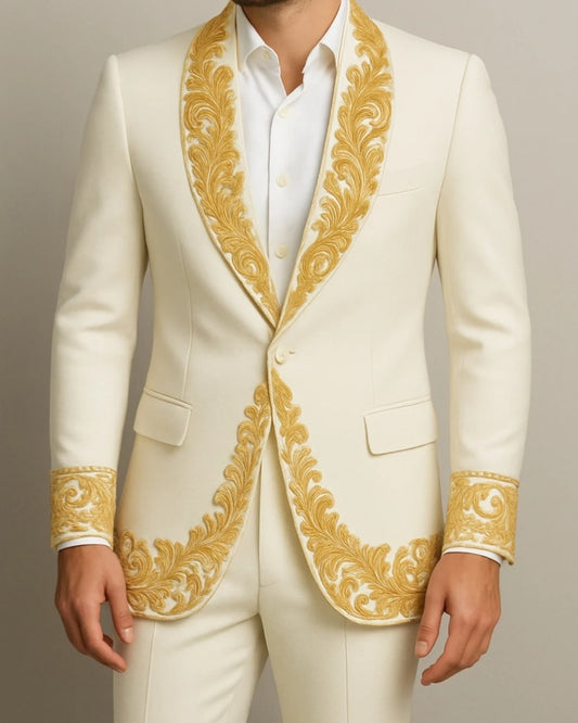 Chic Off-white Shawl Lapel Wedding Suits With Appliques