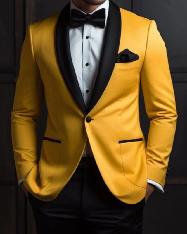 Glamorous Yellow Satin Shawl Lapel Prom Suits