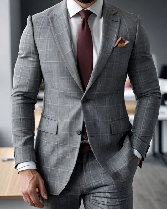 Formal Dark Gray Plaid Notch Lapel Business Suits For Men