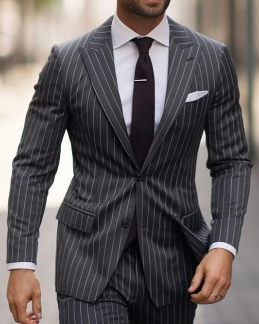 Classic Black Pinstriped Close Fitting Business Suits