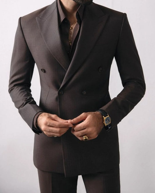 Formal Chocolate Double Breasted Striped Business Suits