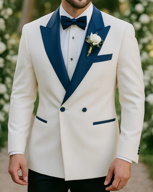 Glamorous White Double Breasted Satin Wedding Suits With Blue Lapel