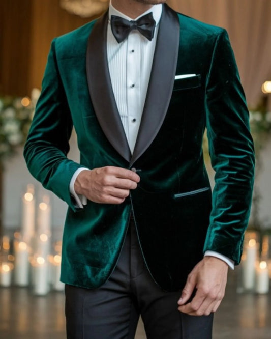 Fancy Dark Green Shawl Lapel Velvet Prom Suits