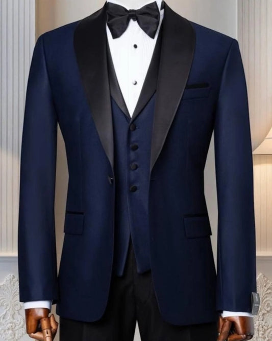 Fancy Dark Blue 3 Pieces Shawl Lapel Wedding Suits