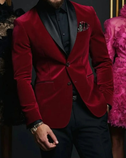 Stylish Burgundy Shawl Lapel Velvet Prom Men Suits