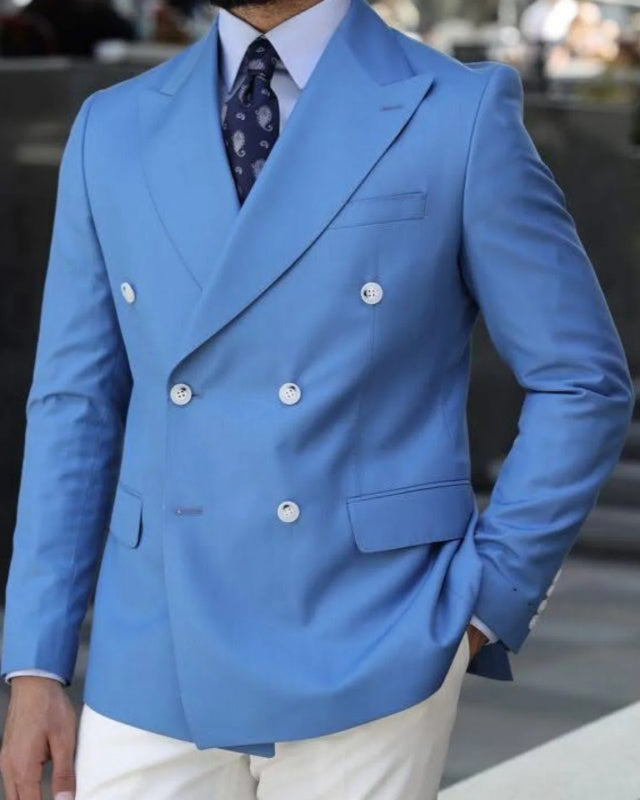 Fancy Blue Double Breasted Prom Suits For Men