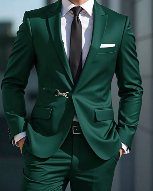 New Arrival Dark Green Satin Prom Suits With Metal Button