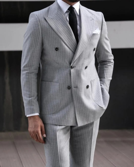 Fancy Gray Double Breasted Pinstriped Business Men Suits