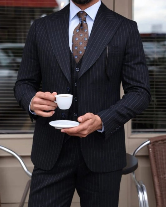 Trendy Black 3 Pieces Pinstriped Business Suits For Men