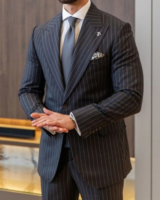 Formal Black Striped Peaked Lapel Business Suits