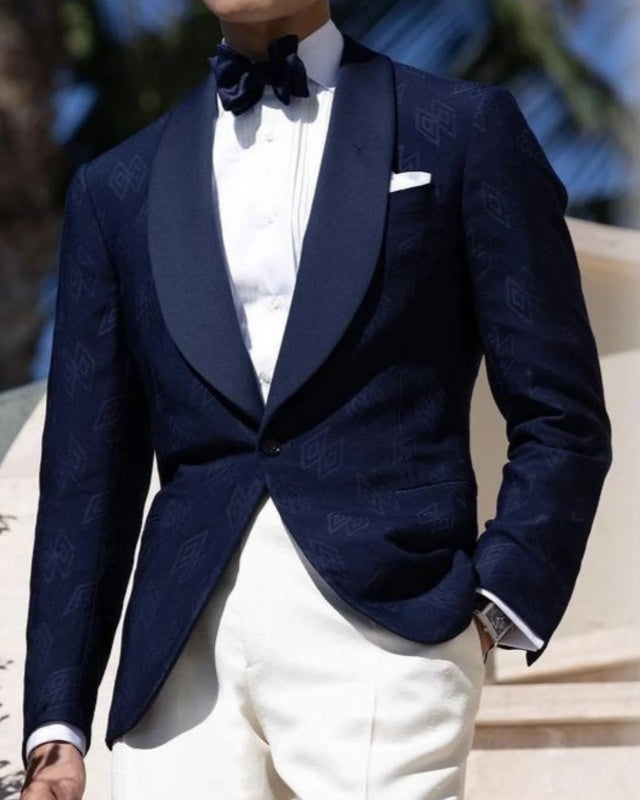 Trendy Dark Blue Shawl Lapel Jacquard Wedding Men Suits