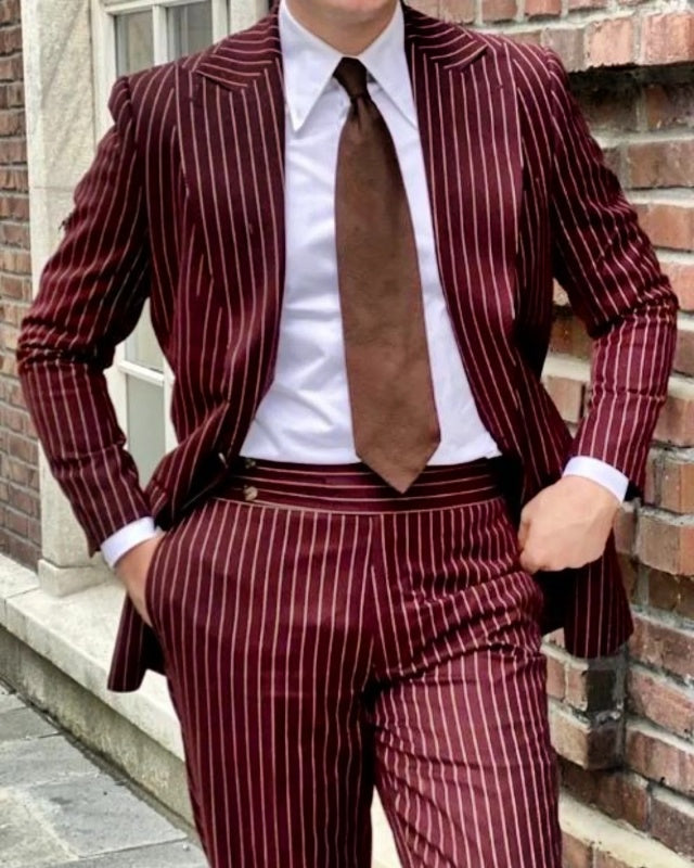 Stylish Burgundy Pinstriped Peaked Lapel Prom Men Suits